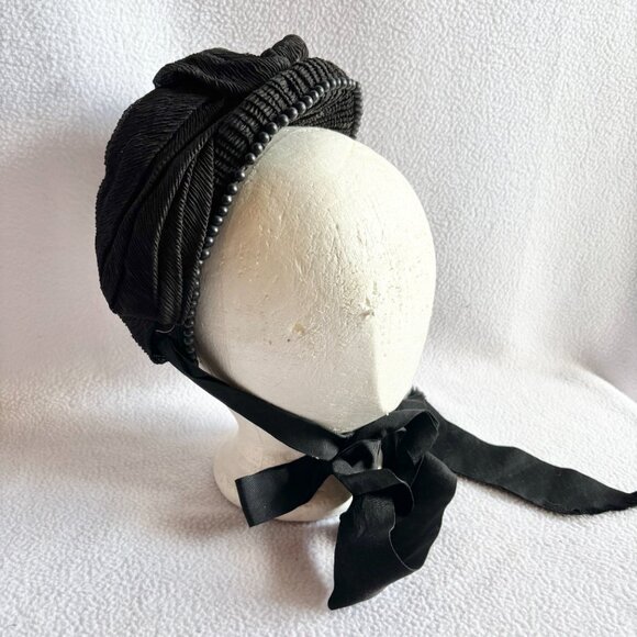 Antique Victorian Black Crepe Beaded Ruched Bonnet main image 8